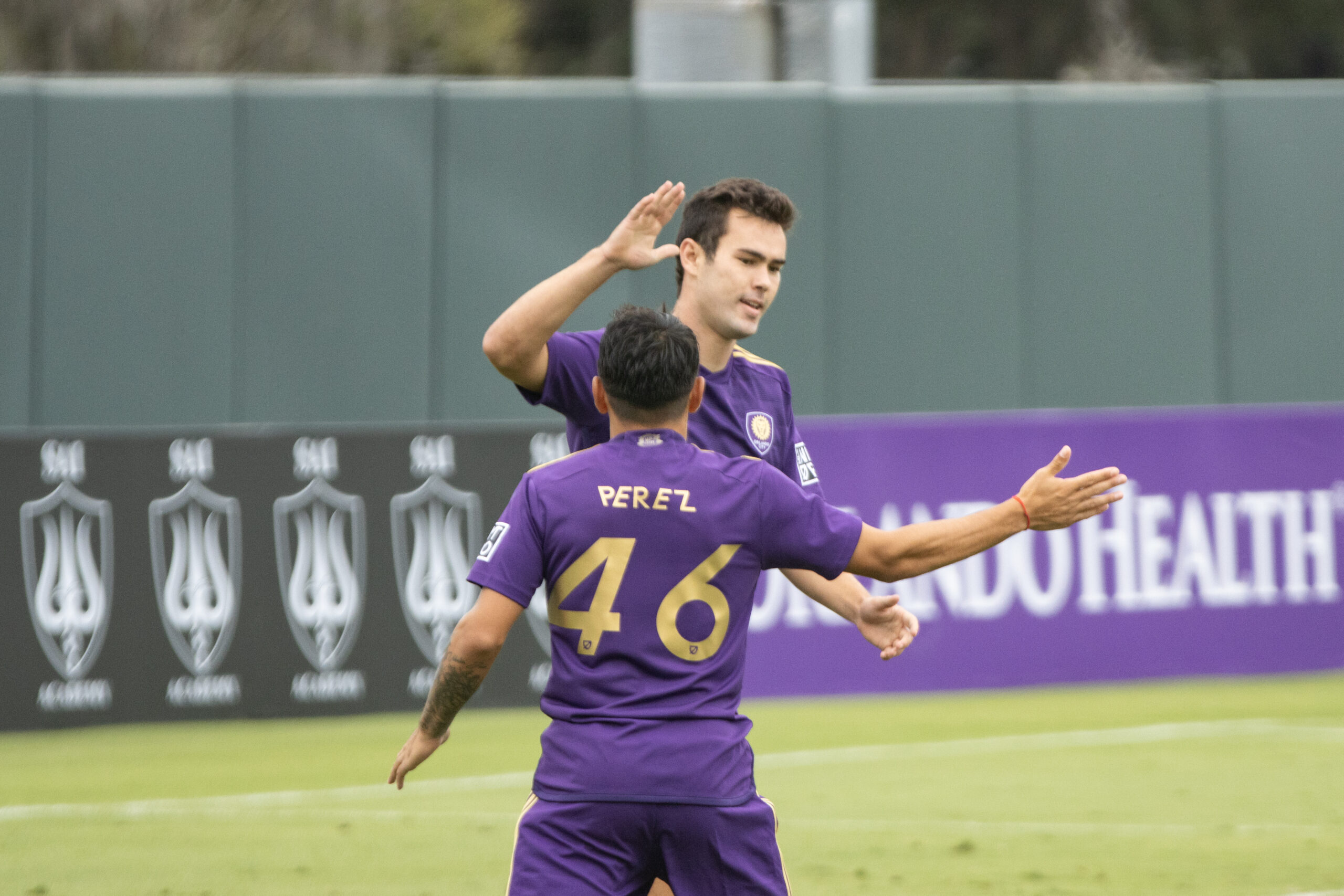 Franco Perez congratulates Jack Lynn after scoring against InterMiami II.